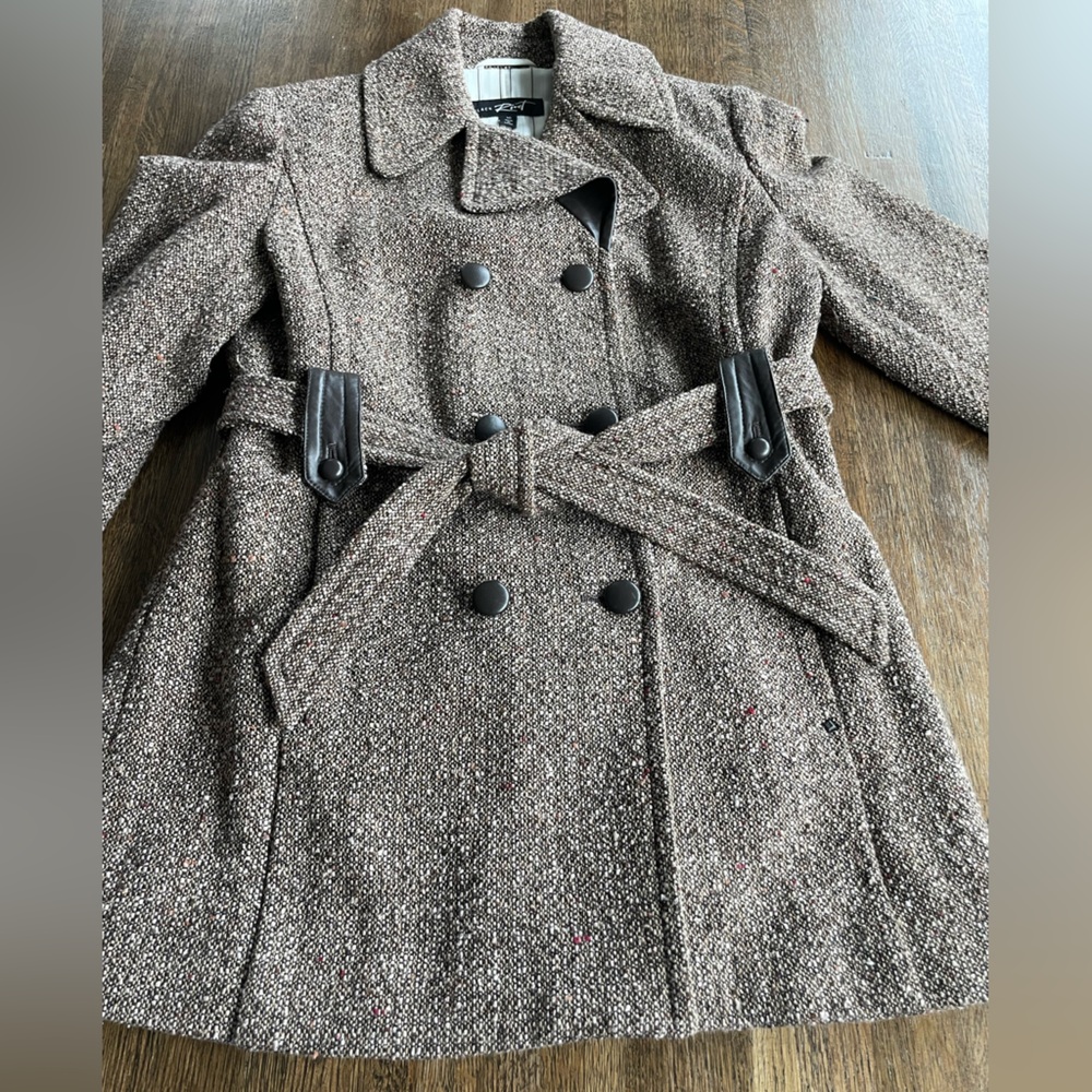 Black Rivet Wool Blend Peacoat Tweed Brown Double Breasted Belt/Tie- size 10
